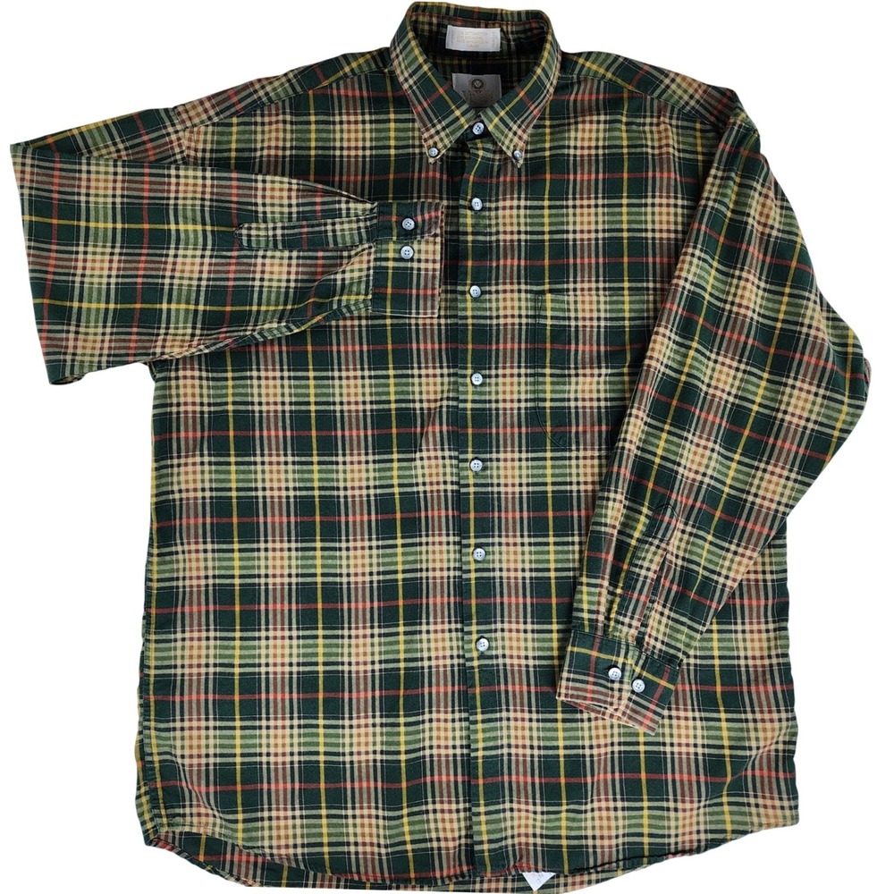 Viyella Button Down Shirt Mens L Green Plaid Cotton Wool Blend Made in Canada
